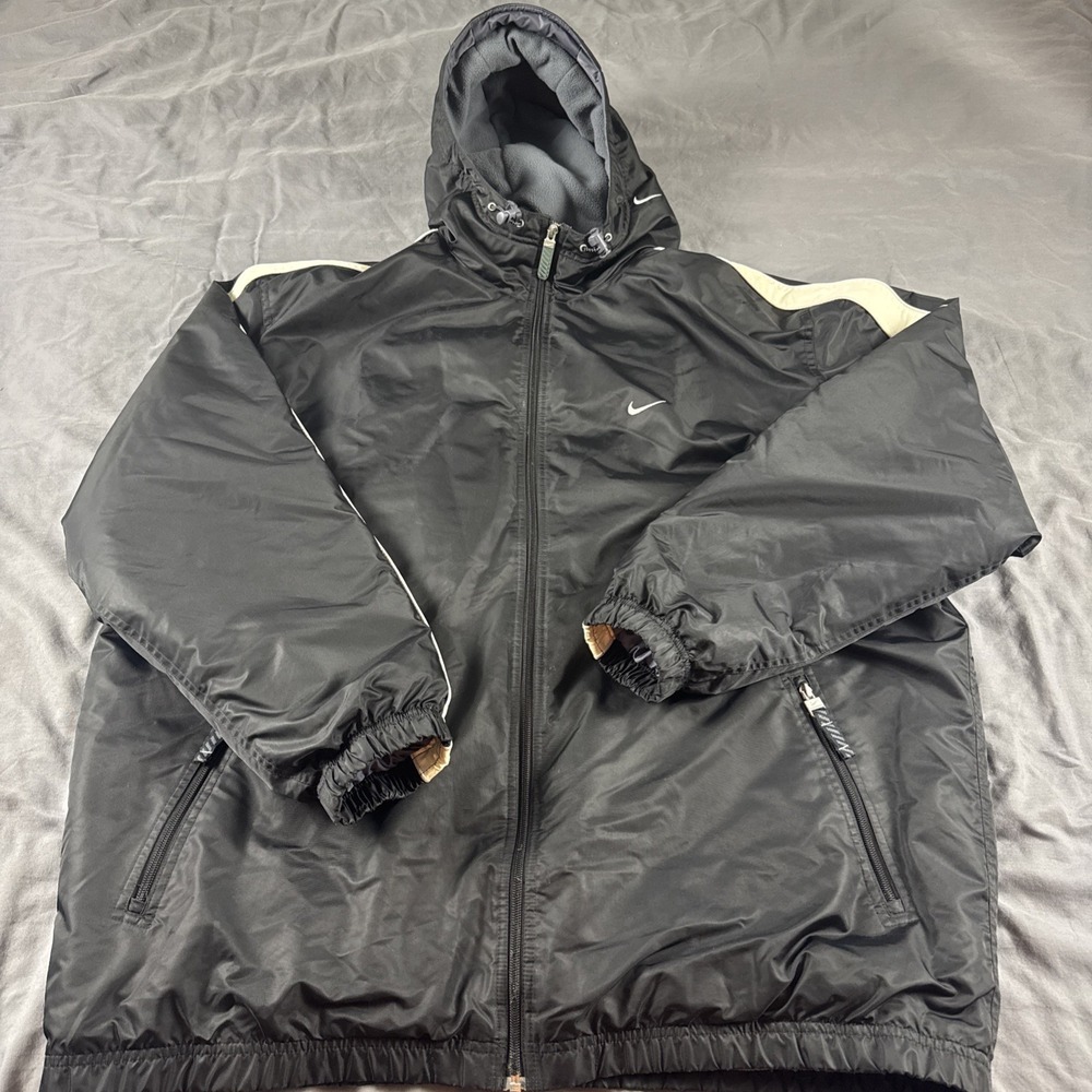 Vintage Y2K Nike Fleece Lined Hooded Jacket Mens XXL Nylon Polyester Logo Black